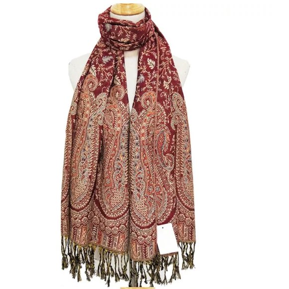 Paisley Pashmina scarves for Women Dark Red Beige Shawls Burgundy Head Covers - Picture 1 of 1